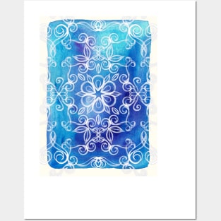 White Floral Painted Pattern on Blue Watercolor Posters and Art